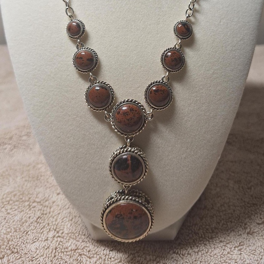 Lariat Y necklace brown obsidian oxidized chain sterling silver